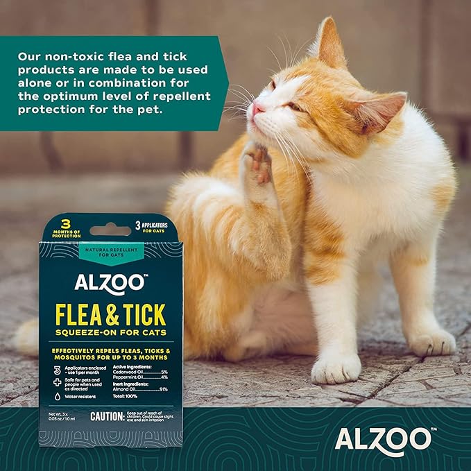 ALZOO Natural Flea & Tick Squeeze-On for Cats, Helps Repel Fleas, Ticks & Mosquitos, Up to 3-Months Protection, Plant-Based Active Ingredients, Water-Resistant, 3 EZ-On Applicators Per Pack