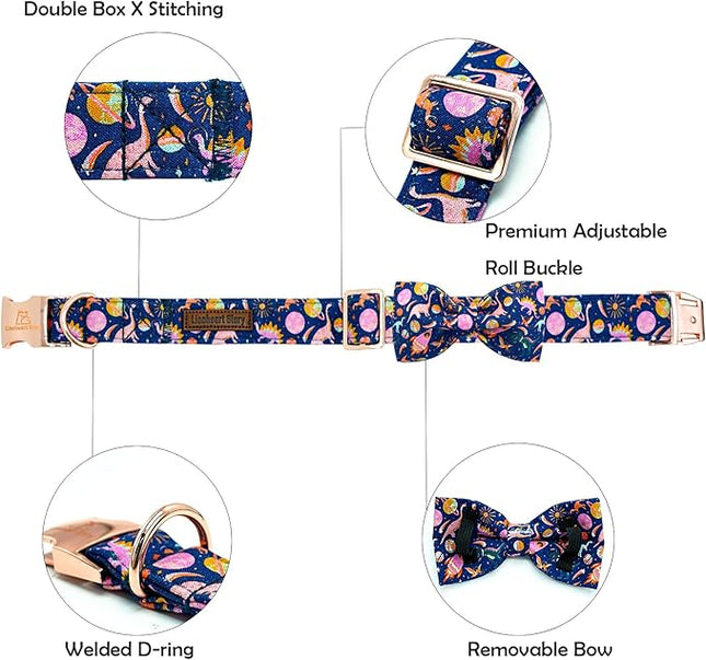 Lionheart glory Dog Bow Collar Dinosaurs Pattern Cute Collars for X-Small Dogs,Soft Duty Adjustable Dog Collar with Bowtie Spring Summer Puppy Collars Bows Pet Gift