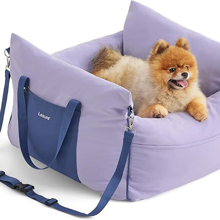Lesure Small Dog Car Seat for Small Dogs - Waterproof Dog Booster Seat for Car with Storage Pockets and Clip-On Safety Leash and Thickened Memory Foam Filling, Puppy Travel Carrier Bed, Lavender Fog