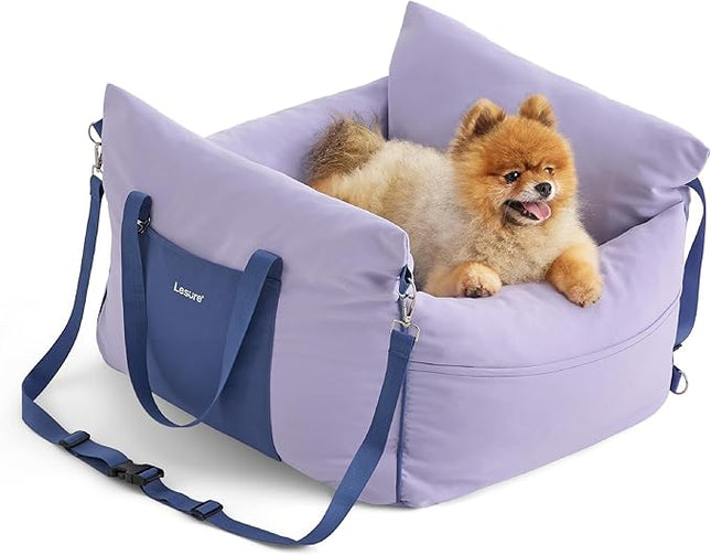 Lesure Small Dog Car Seat for Small Dogs - Waterproof Dog Booster Seat for Car with Storage Pockets and Clip-On Safety Leash and Thickened Memory Foam Filling, Puppy Travel Carrier Bed, Lavender Fog