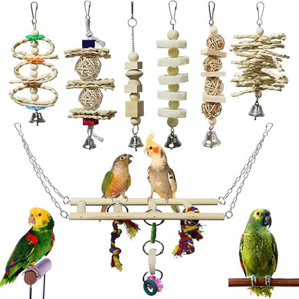 BWOGUE 7 Pack Bird Parrot Toys - Natural Wood Chewing, Climbing, Hanging & Hammock Toys for Small Parakeets, Cockatiels, Conures, Finches, Budgie, Parrots, Love Birds
