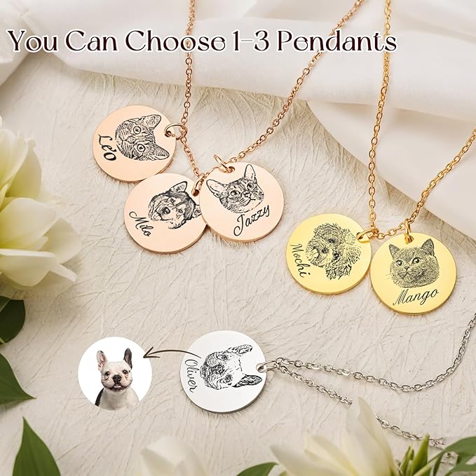Personalized Pet Portrait Necklace Customized Pet Memorial Necklaces Dog Necklace for Women Custom Pets Necklaces Dog Memorial Jewelry for Cat Mom Dogs Dad (Silver 3 Portrait)