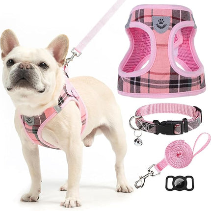 EXPAWLORER Classic Plaid Puppy Harness - Small Dog Harness and Leash Set - Dog Collar and Leash Set with AirTag Holder, Soft Padded Step in Dog Vest Harness No Pull Reflective for Outdoor, Pink XXS