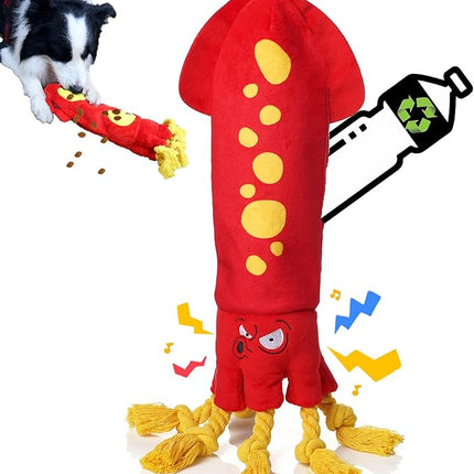 Water Bottle Dog Toys - Dog Puzzle Squeaky Enrichment Treat Dispensing Rope Snuffle Plush Toy, No Stuffing Durable Soft Crunchy Toys for Small Medium Large Dogs Puppy - Octopus Squid