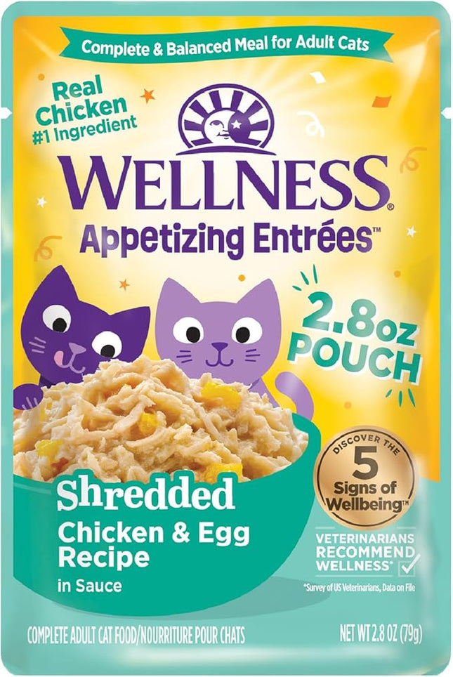 Wellness Appetizing Entrées Shredded, Adult Wet Cat Food, Natural, Protein-Rich, Grain-Free, 2.8 Ounce Pouch, 8 Pack, (Chicken & Egg Recipe)
