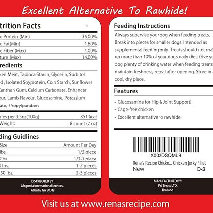 Rena's Recipe Chicken Fillet Sticks (8 Count) (7 oz) (Pack of 3) Rawhide Free Chicken Fillet Wrapped Chews with Glucosamine for Joint Health