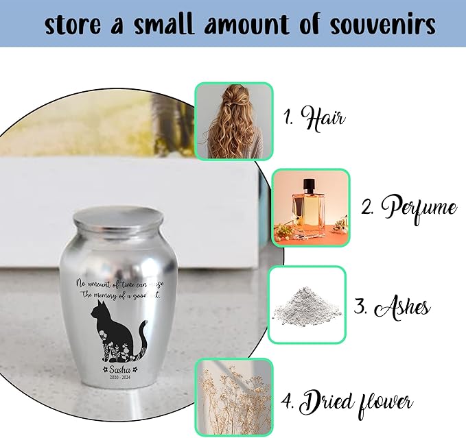 Artsy Woodsy Personalized Pet Memorial Mini Urns - Stainless Steel Decorative Keepsake Urns for Ashes, 2.56 inch, Gifts for Cat Lovers in Loving Memory