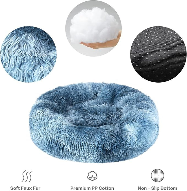 NOYAL Calming Donut Dog Bed for Small to Medium Dogs & Cats - Plush Faux Fur Anti-Anxiety Pet Bed with Machine Washable Cover & Non-Slip Base