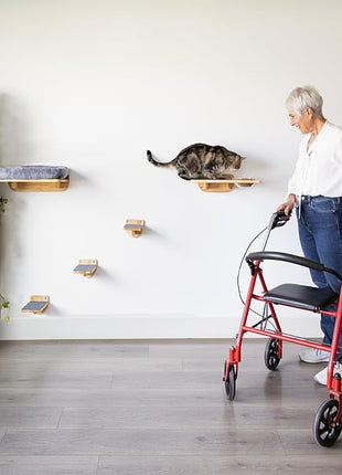 Cat Wall Shelves – Cat Wall Climber with Scratching Post, Removable Bed, Climbing Steps, and Feeding Terrace with Glass Bowls, Waterproof Rubberwood Pet Furniture