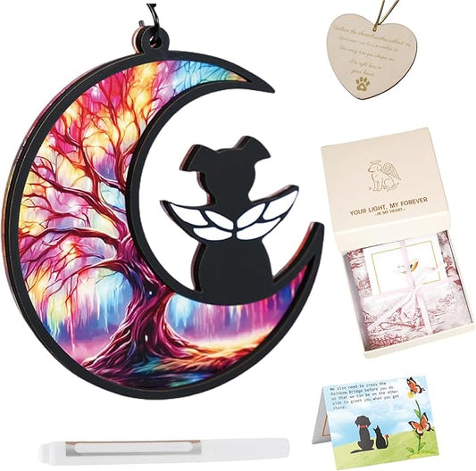 Dog Angel Memorial Suncatcher with Sympathy Cards, Dog Memorial Gifts for Loss of Dog, 2 - Layer Personalized Pet Loss Sympathy Gift - Tree of Life