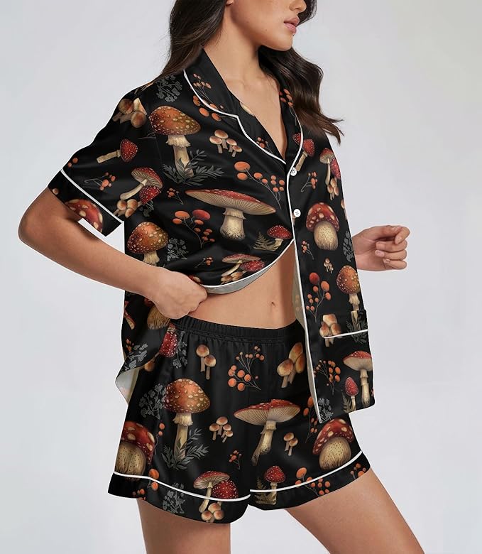 Women’s Silk Satin Pajama Set, Short Sleeve Button Down 2 Piece PJs with Shorts, Cozy Loungewear & Matching Holiday Pajamas
