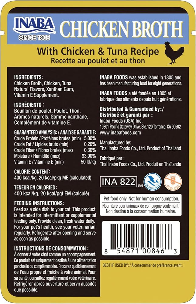 Inaba Chicken Broth, Side Dish/Topper for Cats with Vitamin E, 1.76 Ounce Pouch, 8 Pouches Total, Chicken and Tuna Recipe