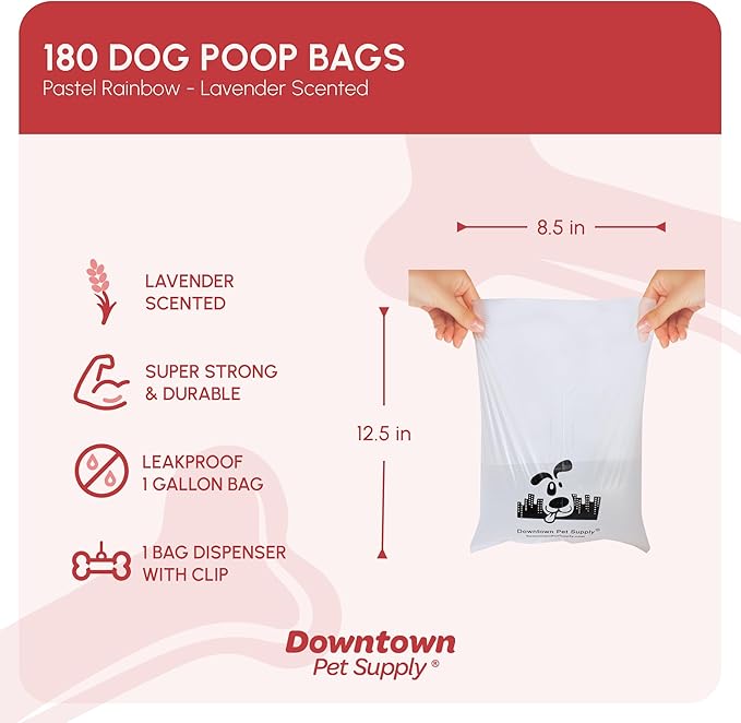 Downtown Pet Supply Scented Poop Bags for Dogs with Dispenser, 180 Count - Leak-Proof Dog Waste Bags and Bone-Shaped Dog Poop Bags Holder for Leash - Lavender Scented, 12.5" x 8.5"
