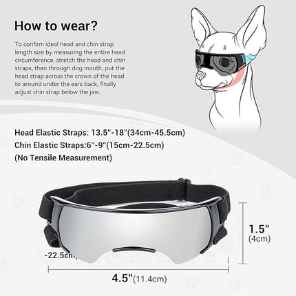 LESYPET Dog Goggles for Small Medium Dogs, UV Protection Dog Sunglasses with Foam Padded, Windproof Eye Protection Puppy Sunglasses for Riding Driving, Adjustable, Silver