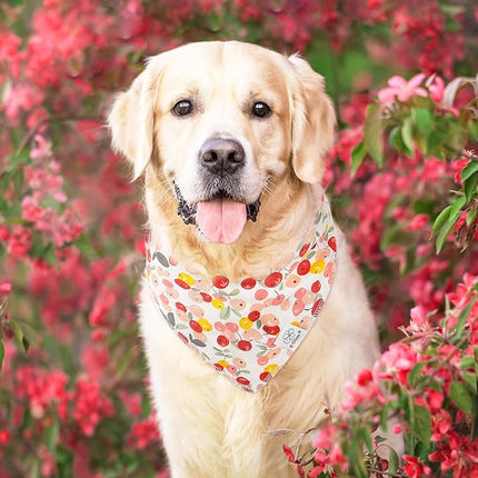 E-Clover Pink Floral Dog Bandanas & Matching Scrunchie Set Cute Dog Scarf Bibs Pet Bandana with Bow Tie for Medium Large Dogs Owner Mom Spring Summer