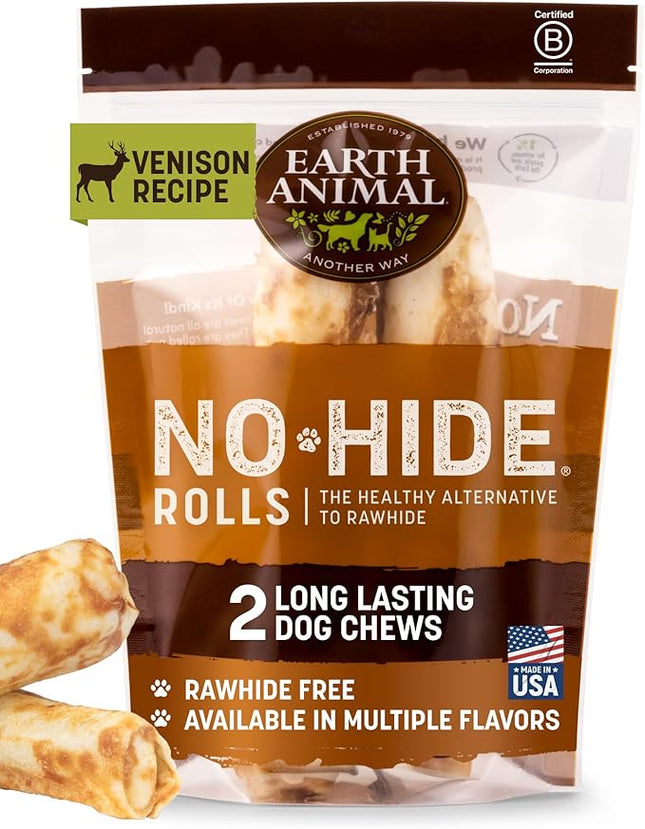 Earth Animal No Hide Chews - Long Lasting Rawhide Free Medium Dog Chews Rolls, Venison - 2 Count