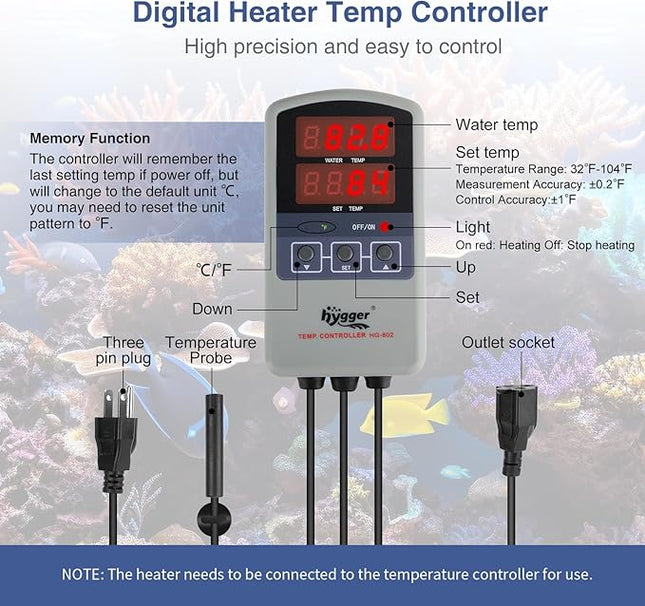 hygger Marine 50W Titanium Aquarium Heater for Salt Water and Fresh Water, Digital Submersible Heater with External IC Thermostat Controller and Thermometer, Fish Tank Heater for Fish Tank 5-10 Gallon