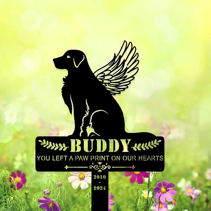Personalized Dog Memorial Grave Marker, Custom Pet's Name Cemetery Decorations for Funerary, Metal Dog Burial Garden Stake, Outdoor Sympathy Angel Handstone Stake Plaque Gift for Loss