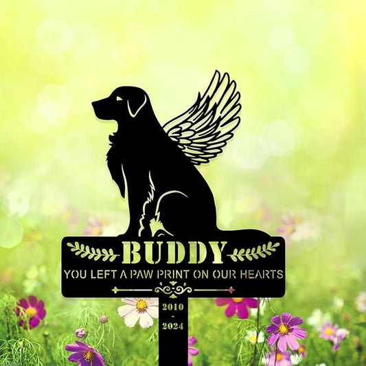 Personalized Dog Memorial Grave Marker, Custom Pet's Name Cemetery Decorations for Funerary, Metal Dog Burial Garden Stake, Outdoor Sympathy Angel Handstone Stake Plaque Gift for Loss