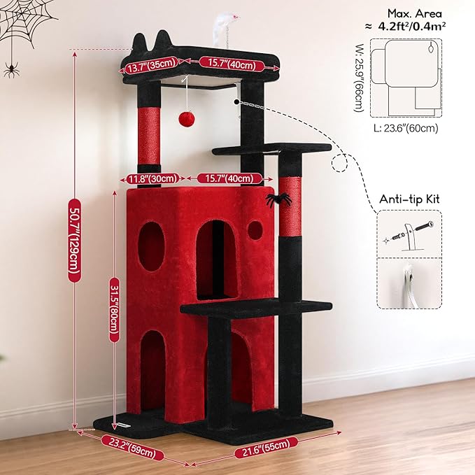Globlazer Gothic Cat Tree Tower for Indoor Cats, 50-inch Goth Adult Cat Tree House for Large Adult Cats with Steps, Scratching Post, 2 Cat Caves, Dangling Toys, FC50, Blood-Goth