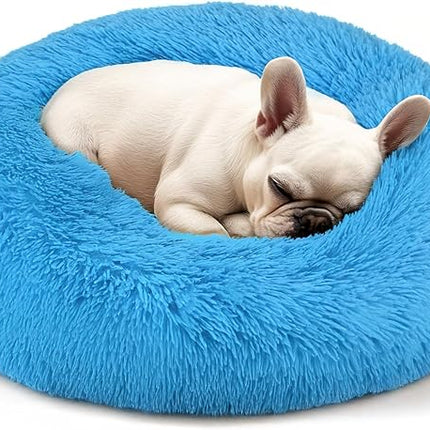 Dogs Bed for Small Dogs, Anti-Anxiety Washable Round Bed (Light Blue, 24.0" L x 24.0" W x 8.0" Th)