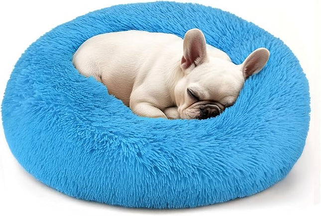 Dogs Bed for Small Dogs, Anti-Anxiety Washable Round Bed (Light Blue, 24.0" L x 24.0" W x 8.0" Th)
