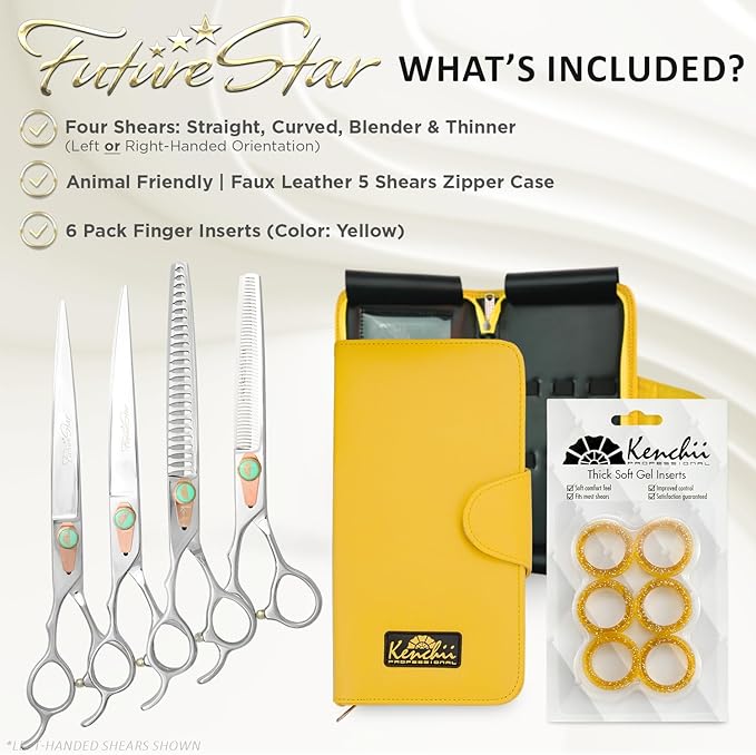 Kenchii Future Star Dog Grooming Scissors Righty Set Premium Kit for Novice & Pro Groomers Straight Curved Thinner & Blender Shears with Micro Serrated Blades Includes Case and Inserts.