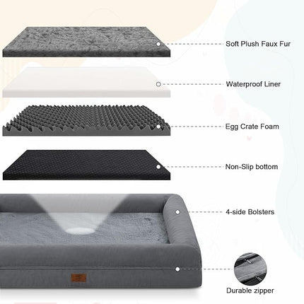 Extra Large Dog Bed for Large Size Dogs, Waterproof Orthopedic Dog Bed with 4-Sides Removable Bolster, Non-Slip Bottom XLarge Pet Couch with Washable Cover, Dark Grey