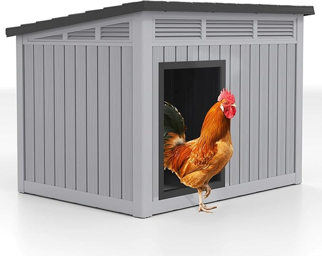 Large Chicken House Outdoor Indoor for Medium Large Dogs, Durable Plastic Waterproof Chicken House with Air Vents and Elevated Floor, Easy Clean and Assemble (Grey, 42.8" L x 33" W x 31.5" H)
