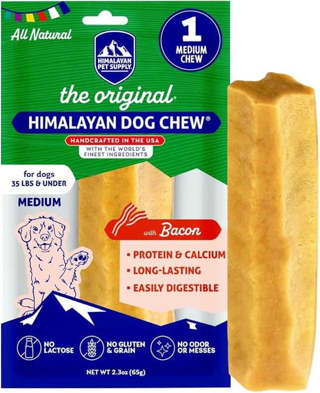 Himalayan Dog Chew Original Yak Cheese Chew, Bacon, 1 Medium Stick, 2.3 oz, Gluten Free, Healthy Treats, Grain & Lactose Free 100% Natural, Long Lasting, for Dogs Under 35 lbs