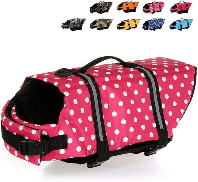 HAOCOO Dog Life Jacket Vest Saver Safety Swimsuit Preserver with Reflective Stripes/Adjustable Belt Dogs(Pink Polka Dot,L)