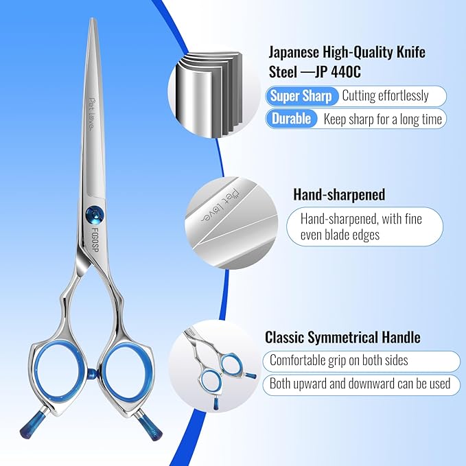 Straight Dog Grooming Scissors 6.5 in Small Dog Hair Scissor Trimming Dogs Pet Cat Shears Japan 440C Symmetric Handle Light Weight for Cutting Body Legs Hairs(6.5)