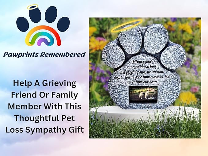 Pet Memorial Stone - Features a Paw Print Photo Frame and Sympathy Poem - Indoor Outdoor for Garden Backyard Marker Grave Tombstone - Loss of Pet Gift - Loss of Dog Gift
