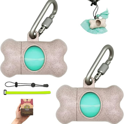 Dog Poop Pickup Bags Holder Dispenser with Standard-Sized Leak-Proof Scented Doggy Waste Bags and Carabiner with Safety Lock&Fastener Never Loose on Leash Lead Again (2 Holders 30 Bags, Beige)