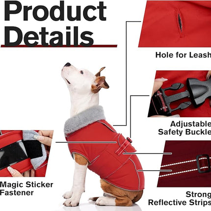 Lelepet Warm Dog Coat - Reflective Waterproof Fleece Vest with Adjustable Buckle Hook & Loop, Windproof Winter Jacket Dog Coats for Small Medium Large Dogs, Red, L
