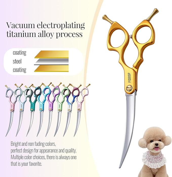 Professional Curved Dog Grooming Scissors with Sharper Self Grinding lightweight and finely trimmed split structure 6.5'' Japan VG10 63HRC for small dogs cat pet(Gold)
