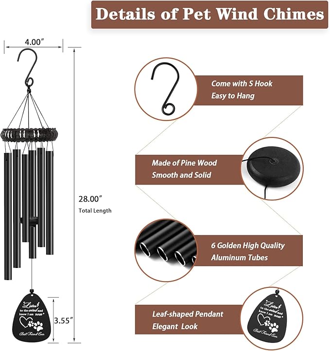 28" Pet Sympathy Wind Chimes, Dog Memorial Gifts for Loss of Dog, Loss of Dog Sympathy Gift, Pet Bereavement Remembrance Gift