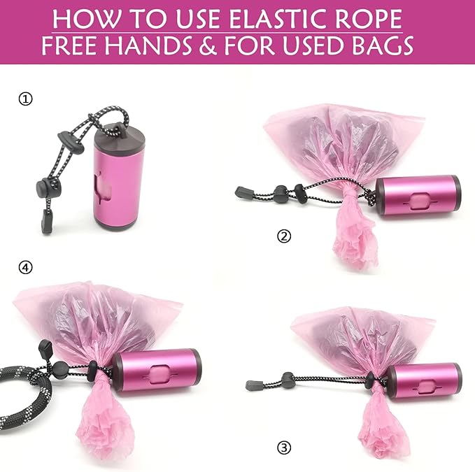 Aluminum Dog Poop Bags Holder with Carabiner Metal Pet Waste Bags Dispenser with Hook and Loop Fastener and Elastic Cord to Carry Used Bags(Pink, 1 Holder 15 Bags)