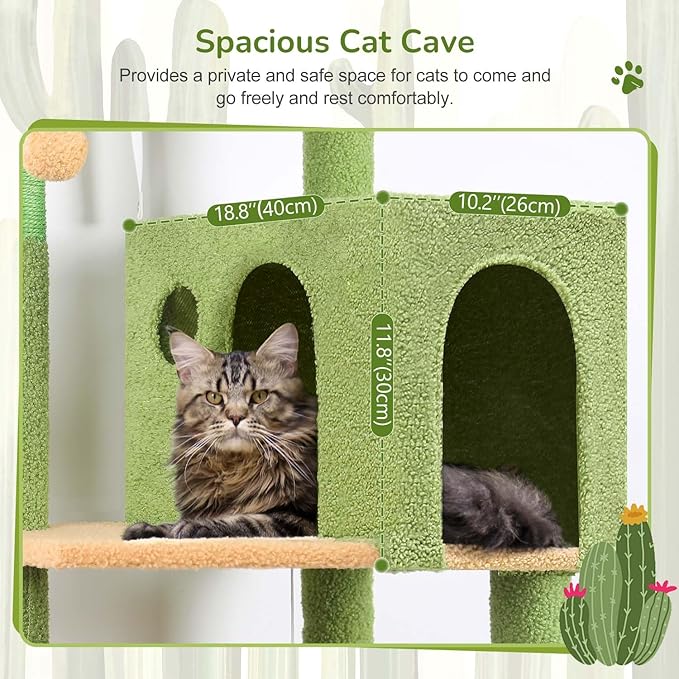 Globlazer Cactus Cat Tree Tower with Scratching Post for Indoor Cats, 53inch Tall Plush Multi-Level Cat Climbing Tower Condo with Large Hammock, Spacious Cat Cave, Padded Top Perch Bed, F53, Green