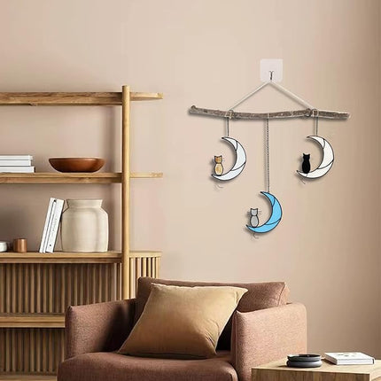 Black Cat On White Moon Stained Glass Window Hangings Ornament,Cat Memorial Gifts, Themed Gifts for Cats Lovers