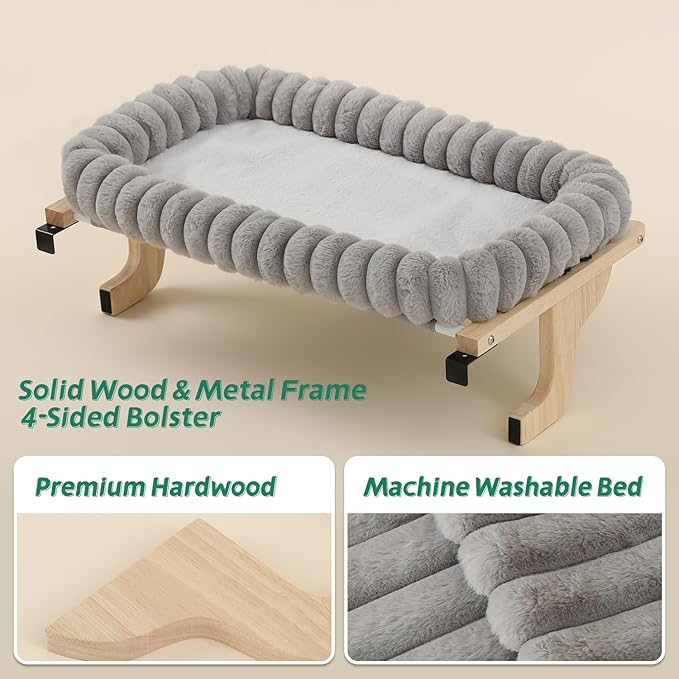 Zakkart SnugCloud Cat Perch for Window Sill with 4-Sided Bolster - Orthopedic Cat Window Hammock - Solid Hardwood & Metal Frame - Window Seat for Pets (Natural Color Wood w/Gray Bed, Medium)