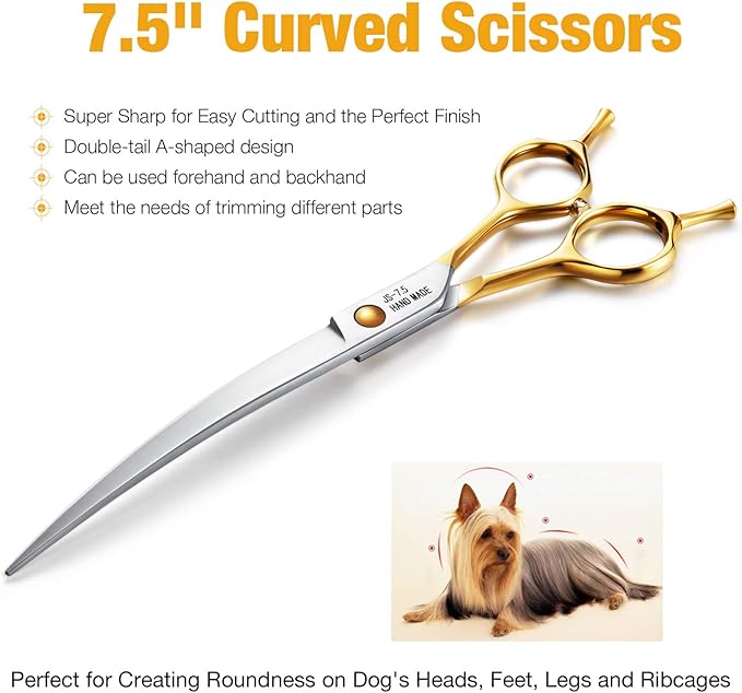 JASON 7.5" Curved Dog Grooming Scissors, Cats Grooming Shears Pets Trimming Kit for Right Handed Groomers, Sharp, Comfortable Shear