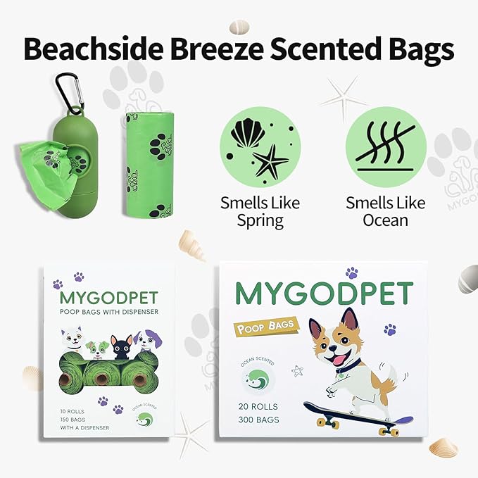 Dog Poop Bags Rolls 300 Count Biodegradable Poop Bags Refills for Dog and Cat Ocean Soap Scented Waste Bag Leak Proof Doggie Poop Bag Doggy Trash Bag Green