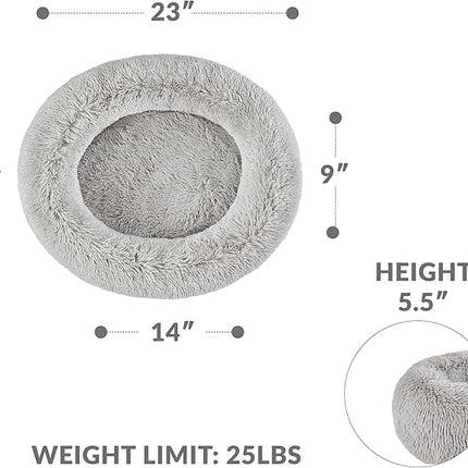 Friends Forever Serena Donut Memory Foam Orthopedic Dog Bed, Soft Faux Fur Oval Cat Couch For Indoor Pet, Fluffy Calming Plush Shag, Round Raised Bolster Cushion, Machine Washable Cuddler, Grey