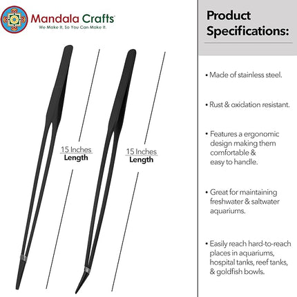 Mandala Crafts 15 Inches Black Stainless Steel Straight and Curved Aquarium Tweezers for Aquatic Plants – Long Aquascape Forceps for Fish Tanks, Hospital Tanks, Goldfish Bowls, and Terrariums