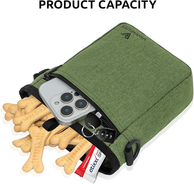 Dog Treat Pouch with Stronger Magnetic Closure Dog Treat Pouch 4 Cup Front Pocket fits All Phones Built-in Poop Bag Dispenser (Green)