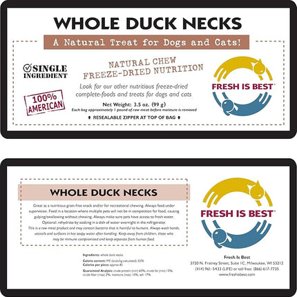 Fresh Is Best Freeze Dried Dog Treats – Raw Freeze Dried Cat Treats in Resealable Zipper Bag – High-Protein Duck Necks for Dogs & Cats – Made in The USA