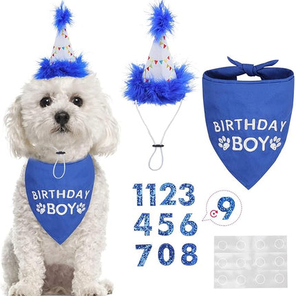 BINGPET Dog Birthday Party Supplies,Dog Birthday Hat Bandana Set,Soft Birthday Boy Triangle Scarf and Number Hat, Cute Birthday Party Supplies with 0-8 Figures for Small Medium Large Dogs Pets
