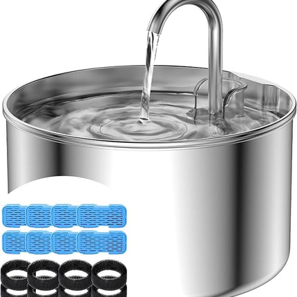 AOOGITF Cat Water Fountain + 8 Filters + 8 Sponges, 304 Stainless Steel Pet Water Fountain, 24 Hours Keep The Water Clean, 74oz Capacity, Ultra-Quiet, No Sputter, Compact, Easy Cleaning