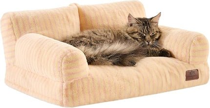 Hollypet Fluffy Plush Pet Cat Couch Soft Calming Pet Sofa Beds for Medium Small Cats and Dogs, Pink Stripes